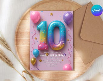 10th Birthday Invitation Girl | Editable Digital Invite | Pink & Purple Glitter “10” Balloon Template | Tween Birthday Invitation Printable