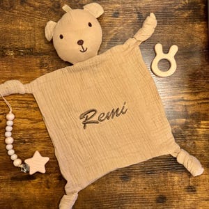 Personalized Muslin Baby Lovey: Embroidered Bear Blanket
