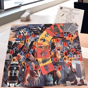 May include: A colorful pop-up board game featuring a circular track of illustrated cards. The game board has various cartoon characters and scenes. A sheet of paper with text is propped up behind the game.