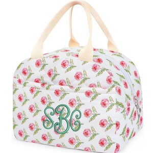 Torba na lunch w stylu shabby chic z monogramem kwiatowym, ocieplana, pikowana, na powrót do szkoły Flowers