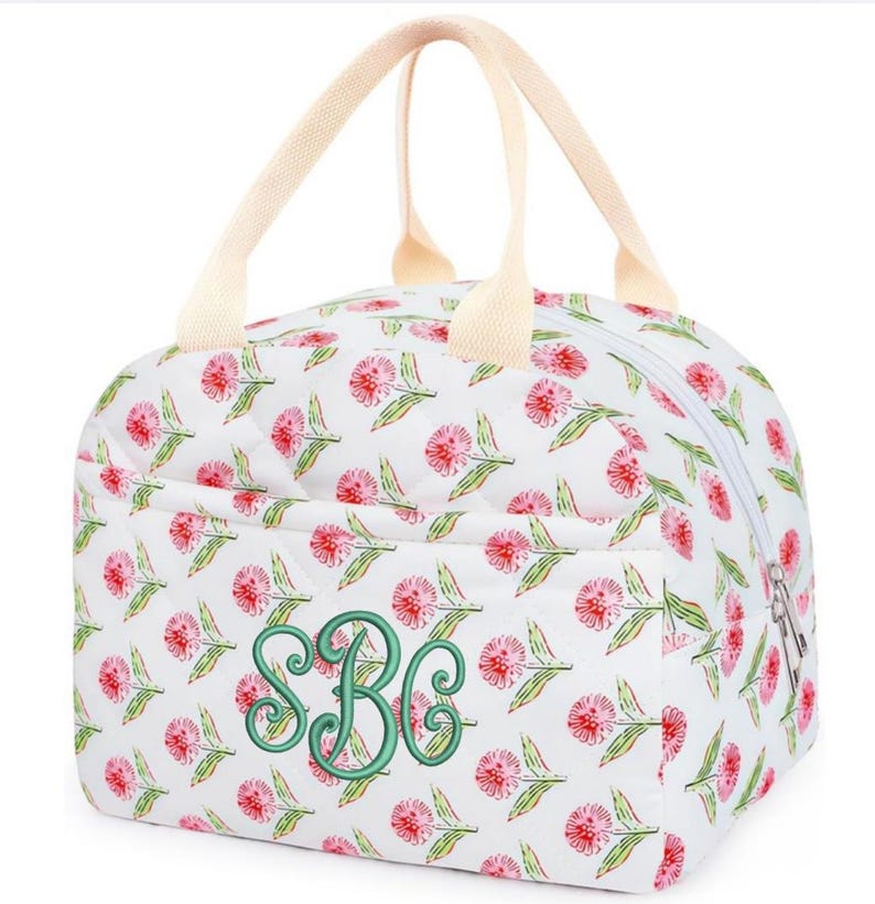 Torba na lunch w stylu shabby chic z monogramem kwiatowym, ocieplana, pikowana, na powrót do szkoły Flowers