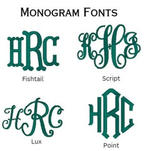 Może przedstawiać: Obraz przedstawiający cztery r&oacute;żne czcionki monogram&oacute;w: Fishtail, Script, Lux i Point. Każda czcionka wyświetla litery HRC w kolorze zielonym. Tekst "MONOGRAM FONTS" znajduje się na g&oacute;rze obrazu.