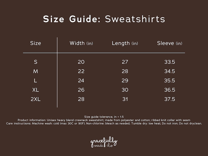 Puede incluir: Gu&iacute;a de tallas para sudaderas, con medidas en pulgadas. Incluye tallas de la S a la 2XL, detallando ancho, largo y dimensiones de la manga. La imagen tambi&eacute;n proporciona informaci&oacute;n del producto e instrucciones de cuidado.