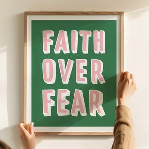Faith Over Fear Poster - Christian Wall Art, Jesus Print (Pink/White/Green)
