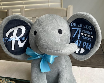 personalized elephant, Baby shower gift, newborn gift toy, birth announcement, Pregnancy Announcement, Baby Keepsake, elephant birth stats