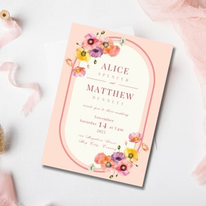 Wedding Invitation Template Set, Pink Poppy wedding invitation with details and RSVP card, Editable and Instant Download