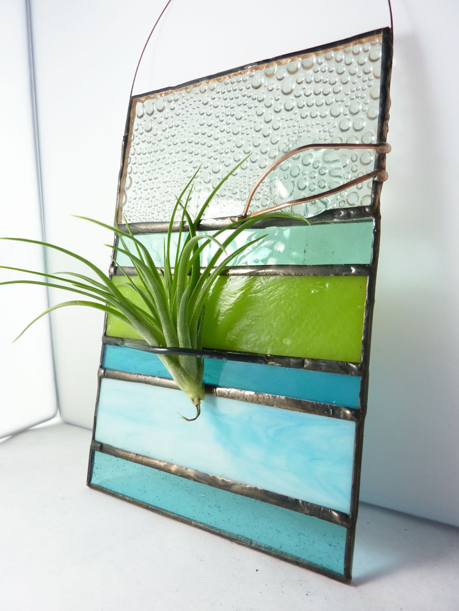 Stained Glass Panel Air Plant Holder Aqua Green Stripe Etsy