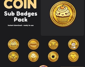 Kawaii Gold Coin Twitch Sub Badges | Cupcake, Robot (Digital Download)