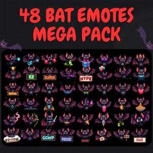 BAT EMOTES PACK 48x | Twitch Bundle | Cute Funny Animal | Bat Text Emote |  Black Bat Emote | Kawaii Icon Emoji | Spooky Emote  | Chibi Bat