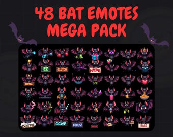 48 emoticonos de murciélago kawaii: paquete para streamers de Twitch (descarga instantánea)
