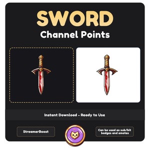 Op de afbeelding: Een digitale illustratie van een rood en gouden zwaard met een vlamontwerp. De afbeelding is op een zwart-witte achtergrond met de tekst "SWORD Channel Points" en "Direct downloaden - Klaar voor gebruik".