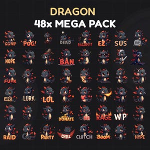 Black Dragon Emote Pack 48 -  Twitch & Discord Emotes Bundle for Gaming, Cute Channel Points, Streaming, and Fun Expressions