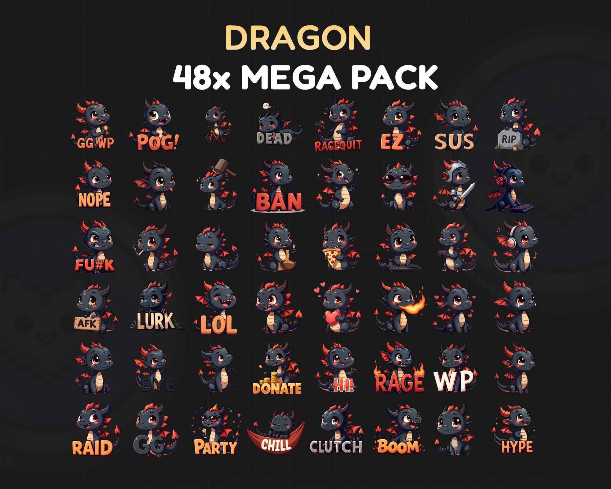 Black Dragon Emote Pack 48 -  Twitch & Discord Emotes Bundle for Gaming, Cute Channel Points, Streaming, and Fun Expressions