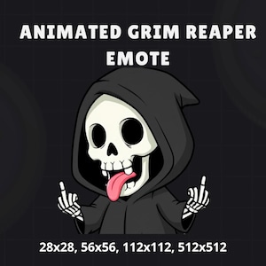 May include: Animated Grim Reaper Emote graphic. The cartoon grim reaper is wearing a black hooded robe, with a white skull face, and a pink tongue sticking out. The reaper is giving the middle finger with both hands.