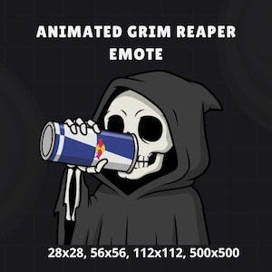 May include: Animated Grim Reaper Emote graphic. A skeletal figure in a black hooded robe is drinking from a blue and silver can. The text "ANIMATED GRIM REAPER EMOTE" is at the top. The image is set against a dark background.