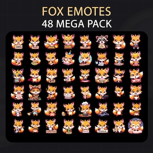 Fox Emotes Bundle 48x for Twitch & Discord, Cute Animal Emotes, Kawaii Red Fox Twitch Emote Pack, Emoji Pack for Streamers