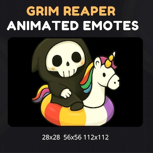 May include: Animated emote featuring a Grim Reaper character riding a unicorn pool float. The Grim Reaper is black with a skull face. The unicorn has a rainbow mane and a purple, yellow, and red float. Text at the top reads "GRIM REAPER ANIMATED EMOTES".