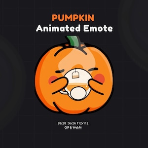 Op de afbeelding: Geanimeerde pompoen-emote met een kopje thee. De pompoen is oranje met een groene stengel en heeft een schattig, cartoonachtig ontwerp. De tekst "PUMPKIN Animated Emote" staat bovenaan. De afbeelding staat op een donkere achtergrond.