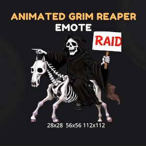 Puede incluir: Ilustración de emote de la Parca animada. La Parca, con una capa negra, monta un caballo esquelético, señalando con una mano y sosteniendo un cartel que dice "RAID". La imagen incluye el texto "Animated Grim Reaper Emote" y las dimensiones.