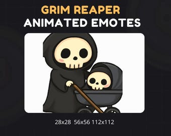 Puede incluir: Gráfico animado de la Parca empujando un cochecito con un bebé Parca dentro. La Parca lleva una capa con capucha negra y tiene una cara de calavera. El texto "GRIM REAPER ANIMATED EMOTES" está en la parte superior. Los tamaños de imagen son 28x28, 56x56 y 112x112.