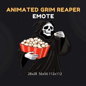 Può includere: Grafica dell'emote del Grim Reaper animato. La Morte, raffigurata con un mantello nero con cappuccio, tiene un contenitore di popcorn a strisce rosse e bianche e mangia popcorn. L'immagine include il testo "ANIMATED GRIM REAPER EMOTE" e le dimensioni.