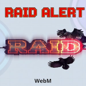 May include: A digital graphic featuring the words "RAID ALERT" in a red pixelated font. Below, the word "RAID" is in a similar style, with a glowing red outline. Three black crows are depicted, with wings spread, against a light blue background.