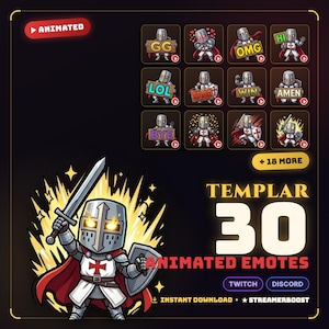 Puede incluir: Una colección digital de 30 emoticonos animados de caballero templario para Twitch y Discord. El conjunto presenta un caballero estilo chibi con armadura plateada y una cruz roja, sosteniendo una espada y un escudo, con varias expresiones y textos.