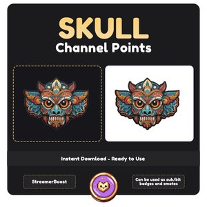 May include: A digital illustration of a colorful skull mask with intricate details. The mask is set against a black background on the left and a white background on the right. The text "SKULL Channel Points" is at the top of the image. The text "Instant Download - Ready to Use" is below the image. The text "StreamerBoost" is in a button below the image. The text "Can be used as sub/bit badges and emotes" is in a button below the image.