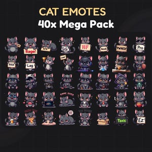 猫の絵文字パック (40 個)、黒猫の絵文字、Twitch と Discord 用のかわいい猫の絵文字バンドル、ストリーマーに最適な動物アイコン