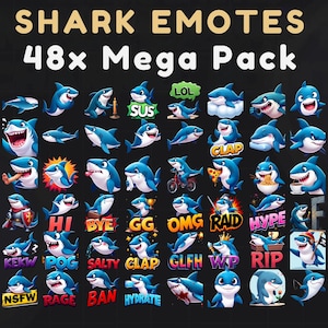 48 Blue Shark Twitch Emotes Bundle | Funny Emoticon Pack for Streamers | PNG for Discord, Kick, Twitch | Instant Digital Download
