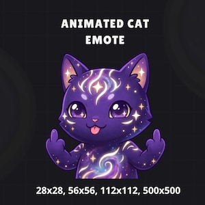 Puede incluir: Emoticón de gato animado con cuerpo morado, diseño de galaxia y estrellas. El gato hace la peineta con ambas manos. El texto en la parte superior dice "ANIMATED CAT EMOTE". Tamaños de imagen: 28x28, 56x56, 112x112 y 500x500.