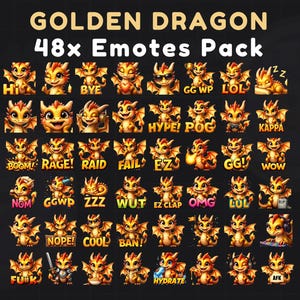 Gold Dragon-emotepakket 48 - Twitch & Discord-emotesbundel voor gaming, leuke kanaalpunten, streaming en leuke expressies