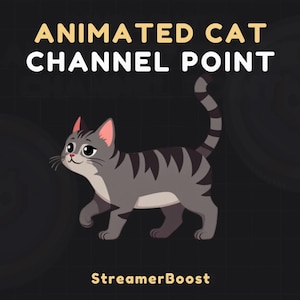 Może przedstawiać: Animowany rysunkowy szary kot pręgowany z czarnymi paskami idący w prawo. Tekst "ANIMATED CAT CHANNEL POINT" znajduje się nad kotem, a tekst "StreamerBoost" pod kotem.
