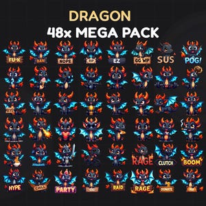Black Dragon with Blue Wings Emote Pack 48 -  Twitch & Discord Emotes Bundle for Gaming, Cute Channel Points, Streaming, and Fun Expressions