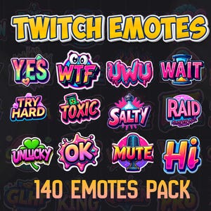 Puede incluir: Colección de emotes de Twitch coloridos con frases como "YES", "WTF", "UWU" y "WAIT". El texto "TWITCH EMOTES" y "140 EMOTES PACK" también se muestra en un estilo de dibujos animados vibrante sobre un fondo oscuro.