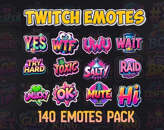 140 Text Twitch Emotes Pack, GG Hype LOL Chat Emotes (Digital Download)