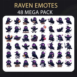 Black Raven (48pcs) with Purple Eyes Emote Pack, Kawaii Crow Emotes for Twitch, Discord, Cute Digital Bundle for Streaming