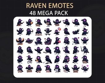 Black Raven (48pcs) with Purple Eyes Emote Pack, Kawaii Crow Emotes for Twitch, Discord, Cute Digital Bundle for Streaming