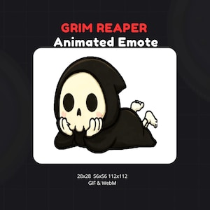 May include: Animated emote featuring a cartoon Grim Reaper in a black hooded cloak, with a skull face and rosy cheeks. The text "GRIM REAPER Animated Emote" is at the top. The image dimensions are 28x28, 56x56, and 112x112.