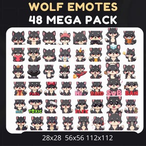 May include: A set of 48 wolf emotes, a mega pack. Each emote depicts a cartoon wolf with different expressions and accessories. The emotes are available in sizes such as 28x28, 56x56, and 112x112 pixels.