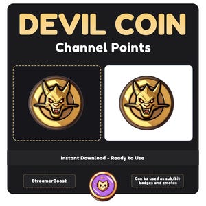 Może przedstawiać: Cyfrowa ilustracja złotej monety z czerwoną głową diabła w środku. Moneta jest oznaczona jako "Devil Coin" i "Channel Points". Obrazek jest przeznaczony dla streamera Twitch do użycia jako odznaka sub/bit lub emotka.