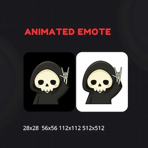 May include: Animated emote featuring a cartoon grim reaper with a skull face and black hooded robe, giving a rock and roll hand gesture. The image is presented in two versions: one on a black background and another on a white background.