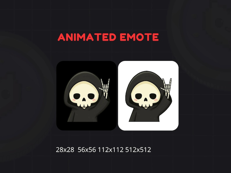 May include: Animated emote featuring a cartoon grim reaper with a skull face and black hooded robe, giving a rock and roll hand gesture. The image is presented in two versions: one on a black background and another on a white background.