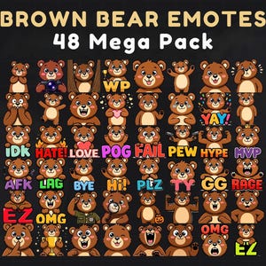 Puede incluir: Una ilustración digital que presenta una colección de emoticonos de osos pardos. La imagen muestra 48 osos diferentes, cada uno con una expresión única y burbujas de texto. El texto incluye "YAY!", "LOVE" y "OMG". El título "BROWN BEAR EMOTES 48 Mega Pack" se muestra en la parte superior.