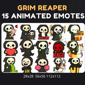 May include: A collection of 15 animated Grim Reaper emotes. The emotes feature the Grim Reaper in various poses, including holding a heart, a gift, and a smartphone. Text on the image includes "GRIM REAPER" and "15 ANIMATED EMOTES".