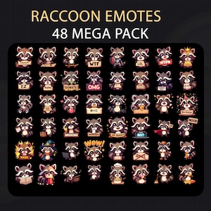 May include: A set of 48 raccoon emoticons with different expressions and text on signs. The emoticons are in a grid format with a black background.