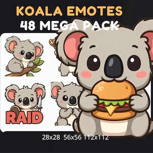 Puede incluir: Ilustraciones digitales de emoticonos de koalas. La imagen muestra un koala comiendo una hamburguesa, un koala en una rama, un koala con una espada y la palabra "RAID", y otras ilustraciones de koalas. El texto en la parte superior dice "KOALA EMOTES 48 MEGA PACK".