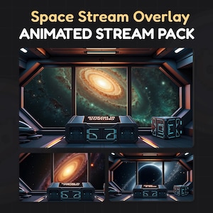 以下が含まれることがあります： 宇宙をテーマにしたアニメーションストリームパック。このパックには、銀河の背景、星雲、惑星など、3つの異なるシーンが含まれています。シーンはアニメーション化されており、"Stream is starting"というテキストが表示されたカウントダウンタイマーが特徴です。