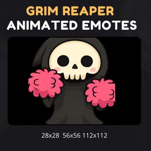 Puede incluir: Emoticono animado de la Parca con cara de calavera, túnica negra y pompones rosas. El texto en la parte superior dice "GRIM REAPER ANIMATED EMOTES". La imagen se muestra en tres tamaños: 28x28, 56x56 y 112x112 píxeles.