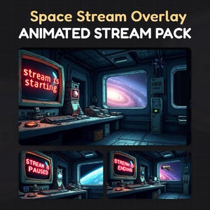 Może przedstawiać: Animowany pakiet nakładek do streamowania z trzema różnymi scenami. Pierwsza scena przedstawia wnętrze futurystycznej stacji kosmicznej z monitorem wyświetlającym tekst "stream is starting". Druga scena przedstawia monitor wyświetlający tekst "stream is paused". Trzecia scena przedstawia monitor wyświetlający tekst "stream is ending".